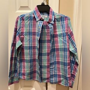 Boys Crown & Ivy bottom down dress shirt, size Large. Pink, blue, green plaid.